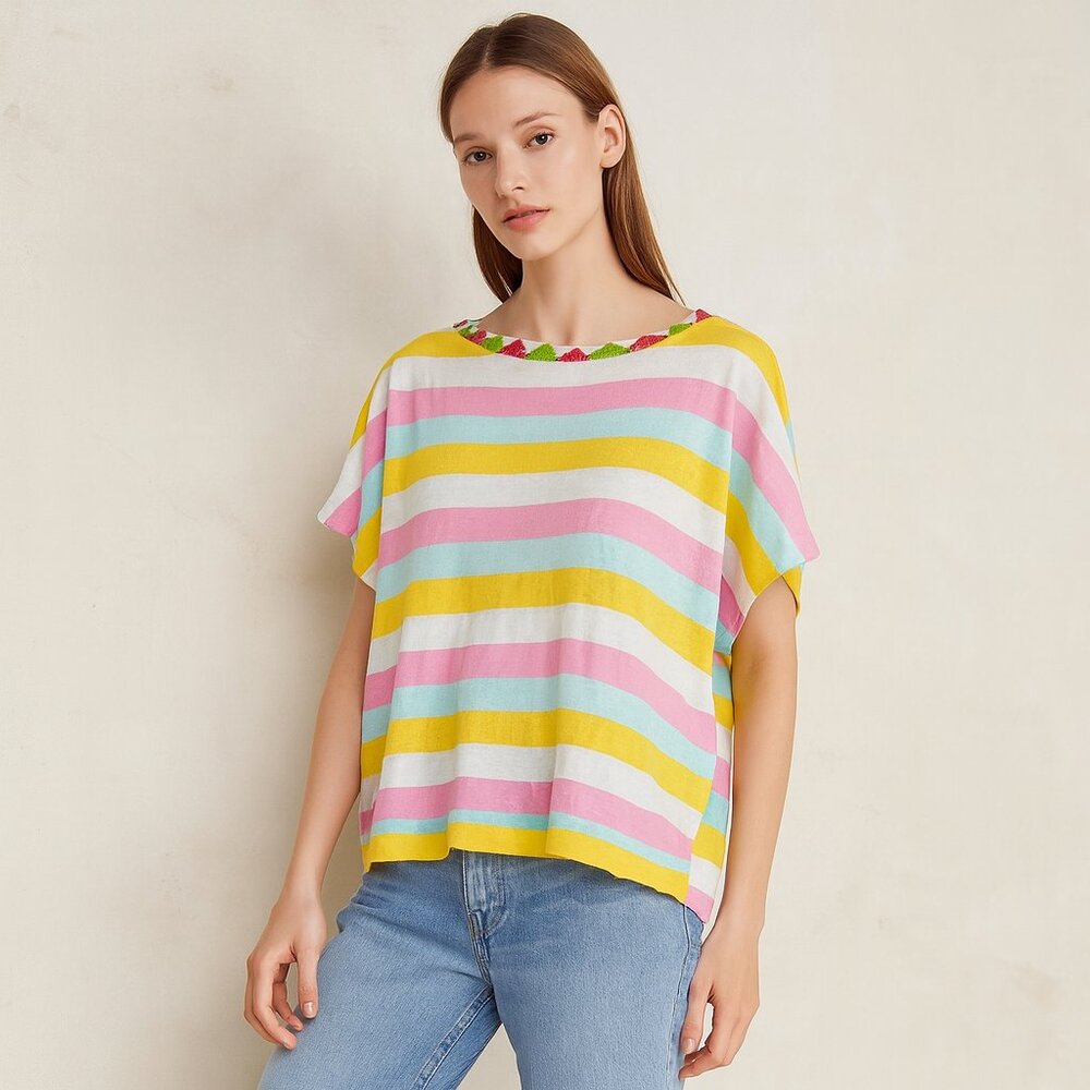 Anthropologie Happy Sheep Oversized Striped Embroidered Cotton Top Medium